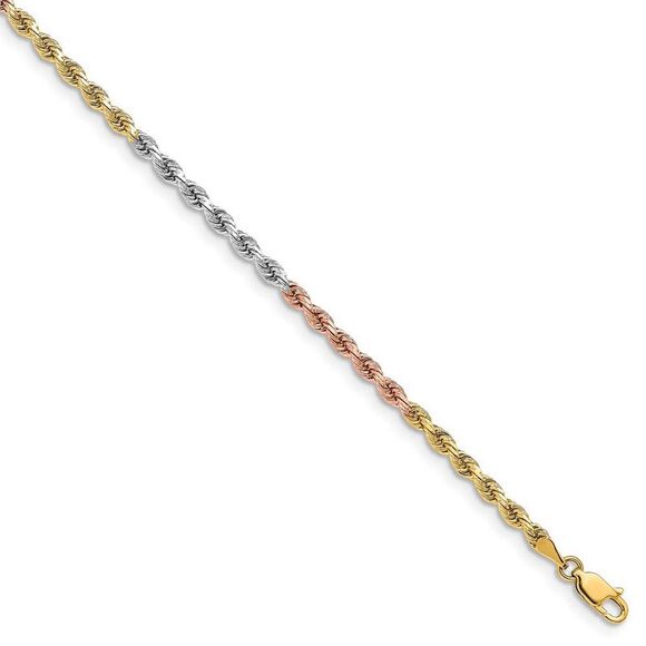 3mm 14k Tri-Color Gold D/C Solid Rope Chain Bracelet 7 Inch